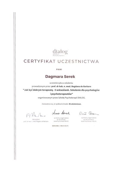 Certyfikat uczestnictwa „Jak być dobrym terapeutą” – Dialog Szkoła Psychoterapii