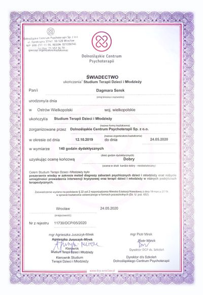 Dyplom ukończenia studium terapii dzieci i młodzieży