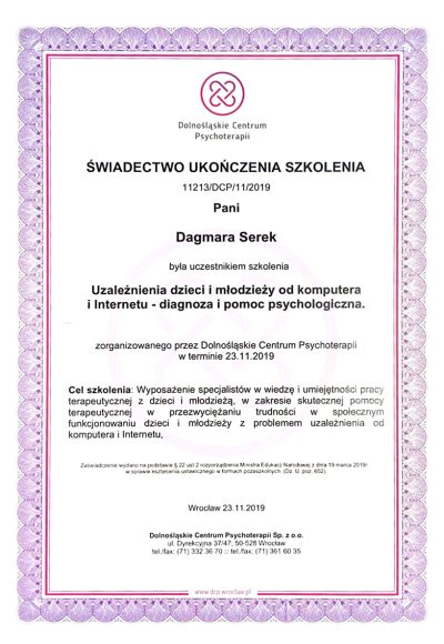 Certyfikat szkolenia z uzależnień dzieci i młodzieży od Internet
