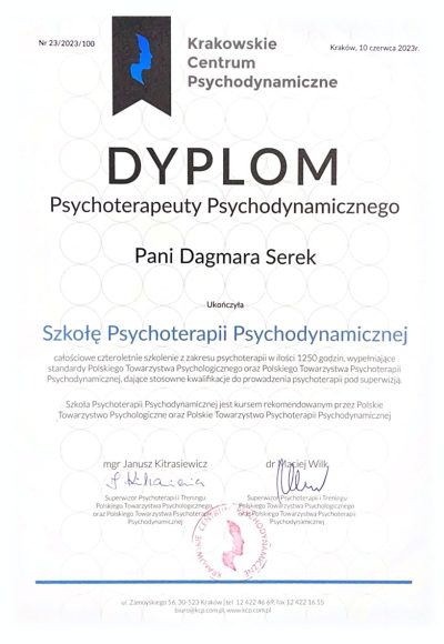 Dyplom psychoterapeutki psychodynamicznej – Krakowskie Centrum Psychodynamiczne