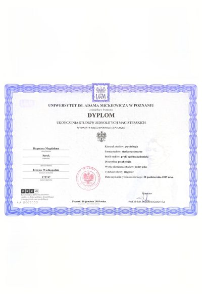 Dyplom magisterski – psychologia, Uniwersytet im. Adama Mickiewicza