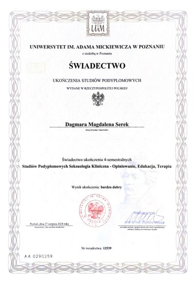 Dyplom studiów podyplomowych z seksuologii